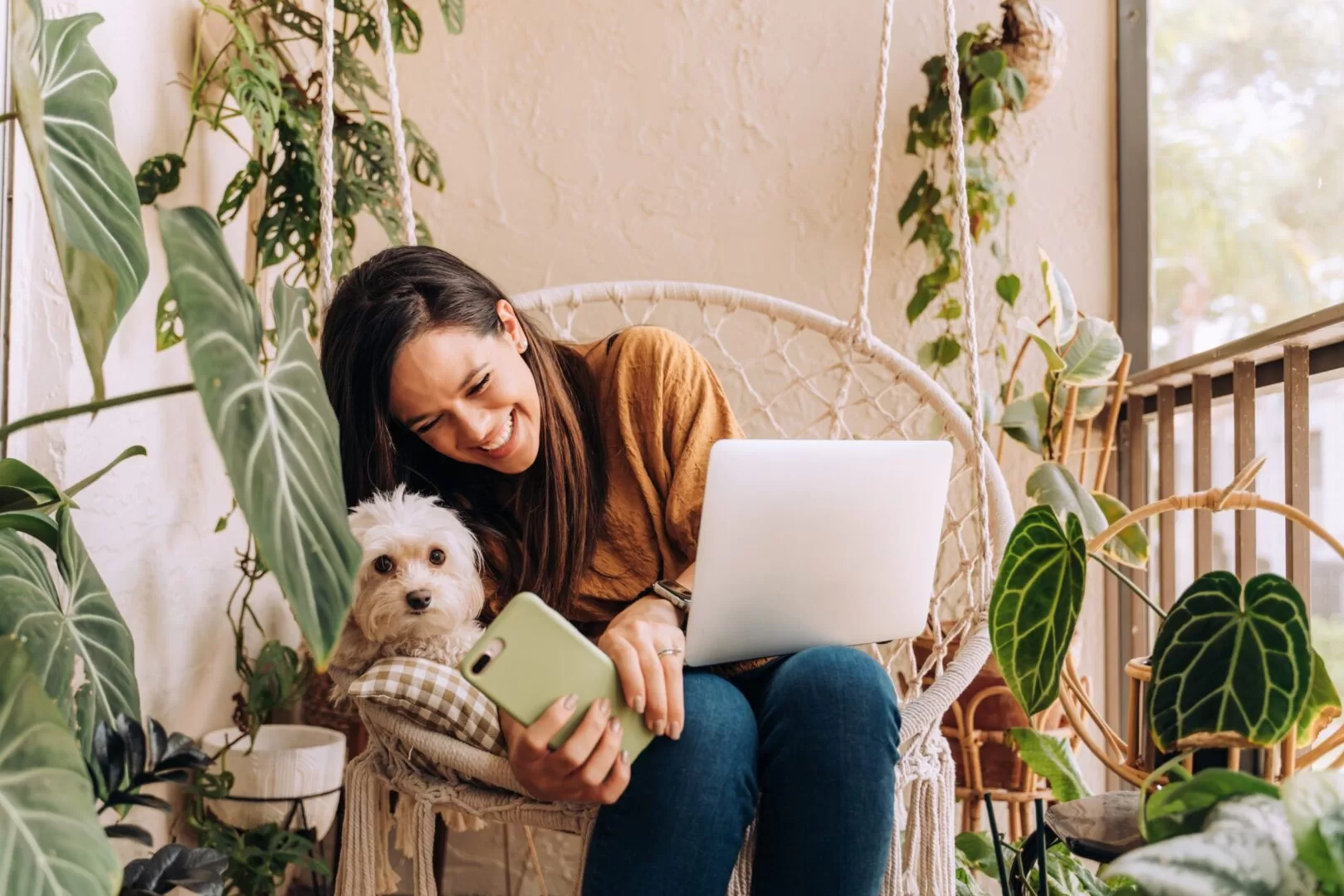 Woman & Dog Taking Selfie & Working On Laptop