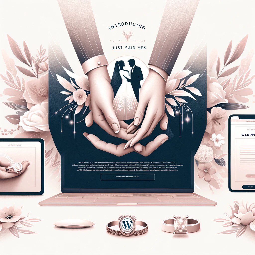 Bridal advertisement with rings and laptop graphics.