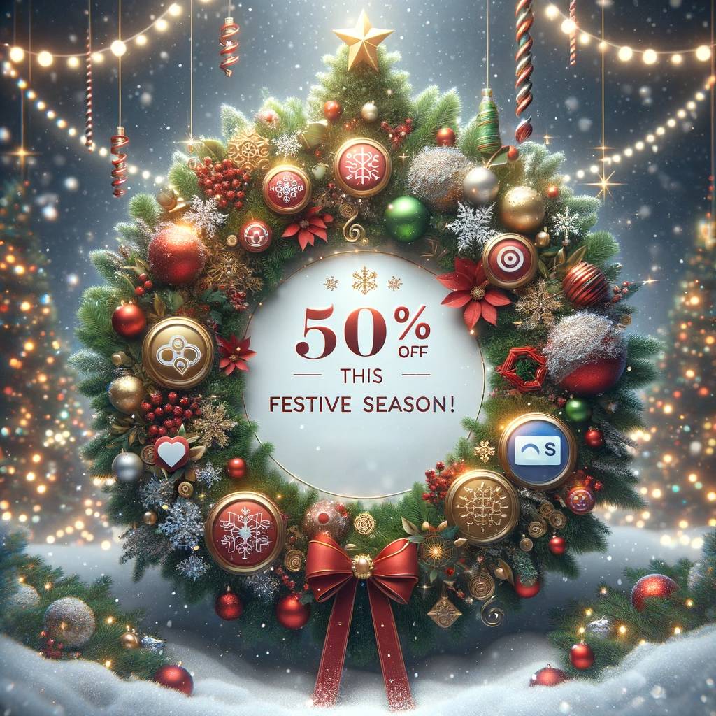 Festive Christmas wreath with 50% discount promotion.