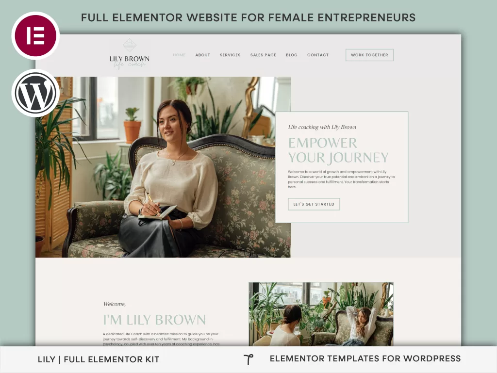 Woman entrepreneur on coaching website homepage.